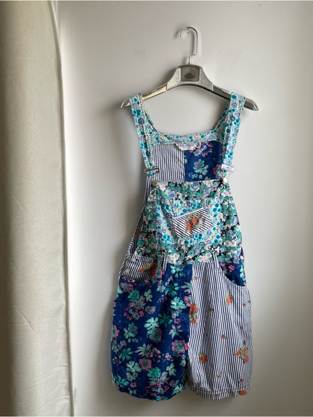 Unique Boho Floral Patchwork Overalls Shorts Romper in Teal & Navy-100% Cotton M